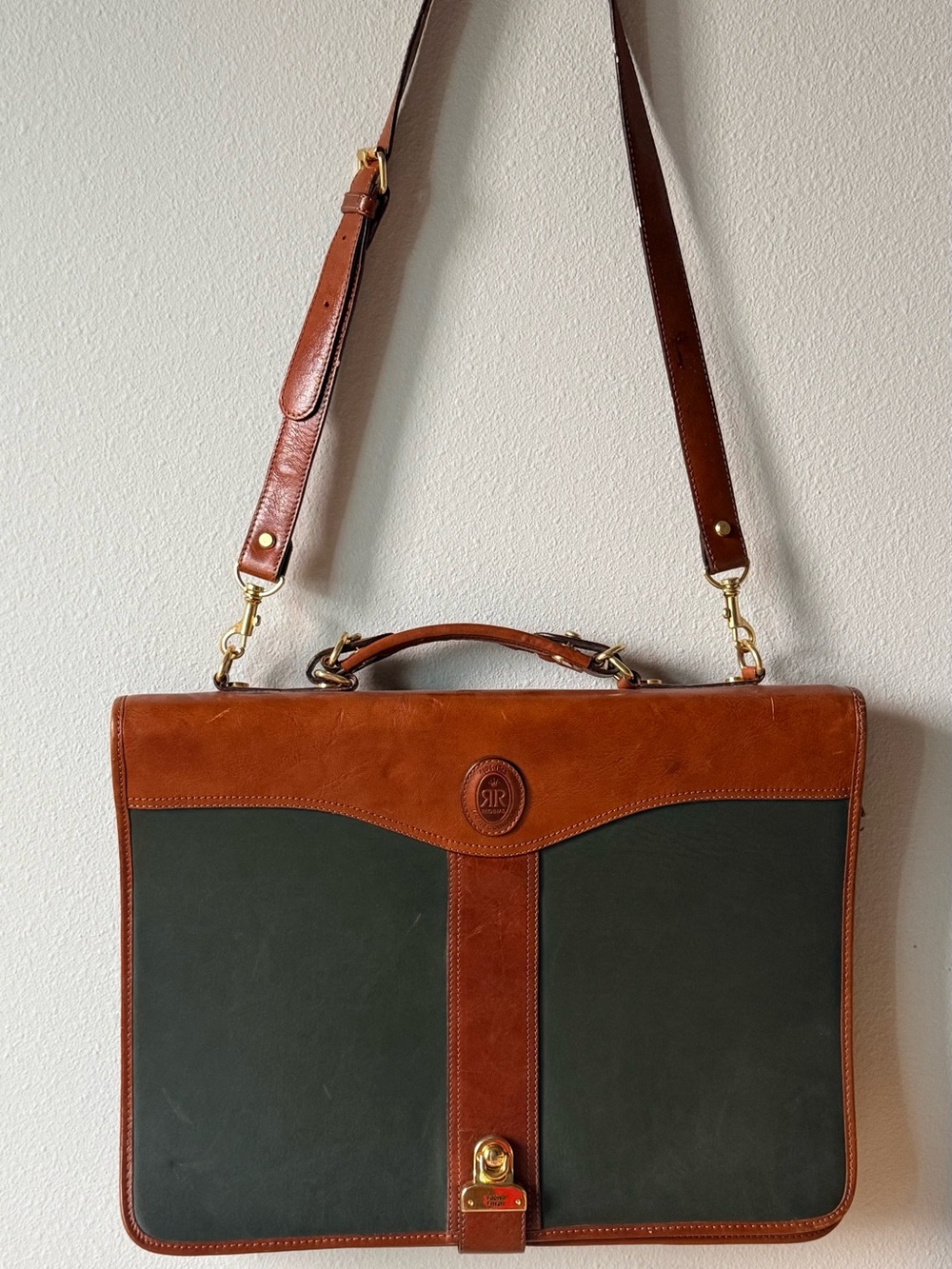 Vintage REGINAS Leather Briefcase Attache Portfolio Green Brown Italia Moda